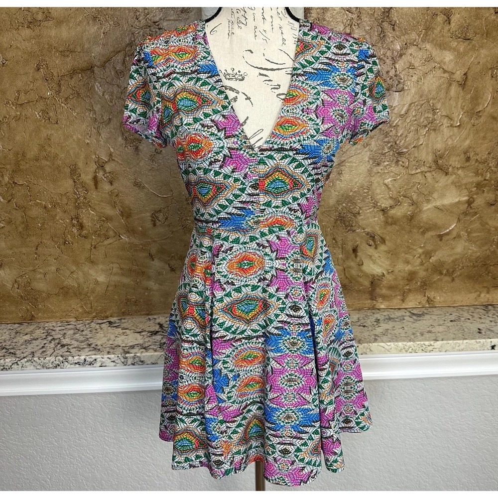 Lovers + Friends Fit & Flare Cassidy Mini Dress Womens Small Mosaic Multicolor